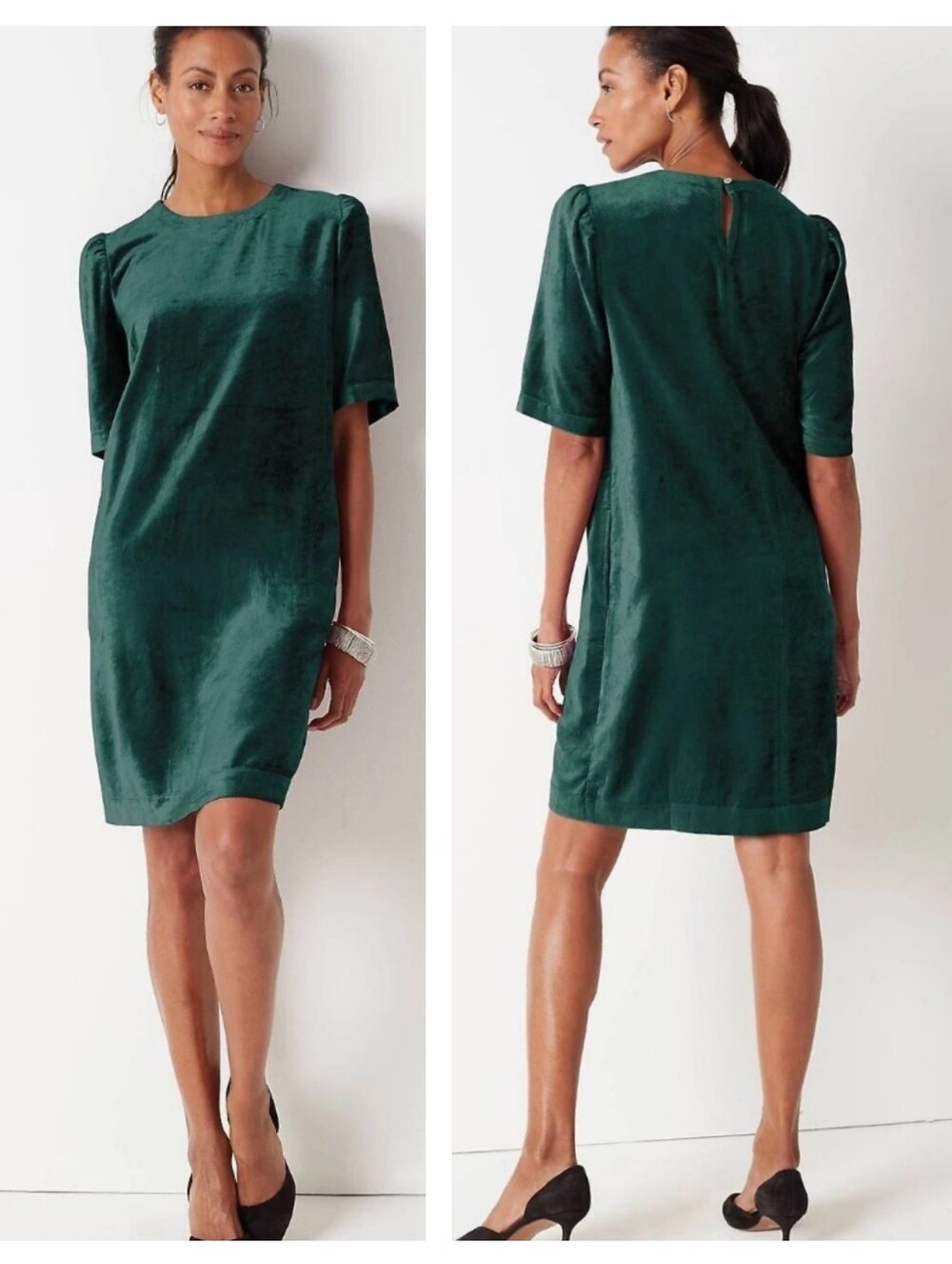 J. Jill Elegant Green Velvet Puff Sleeve Dress Sz 2X Prussia Blue Emerald Jewel - Picture 2 of 8